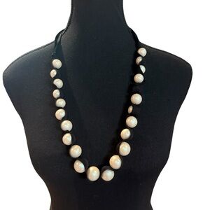 Stella & Dot Long Pearl Bead Necklace Black Ribbon Tie Vintage Inspired Jewelry